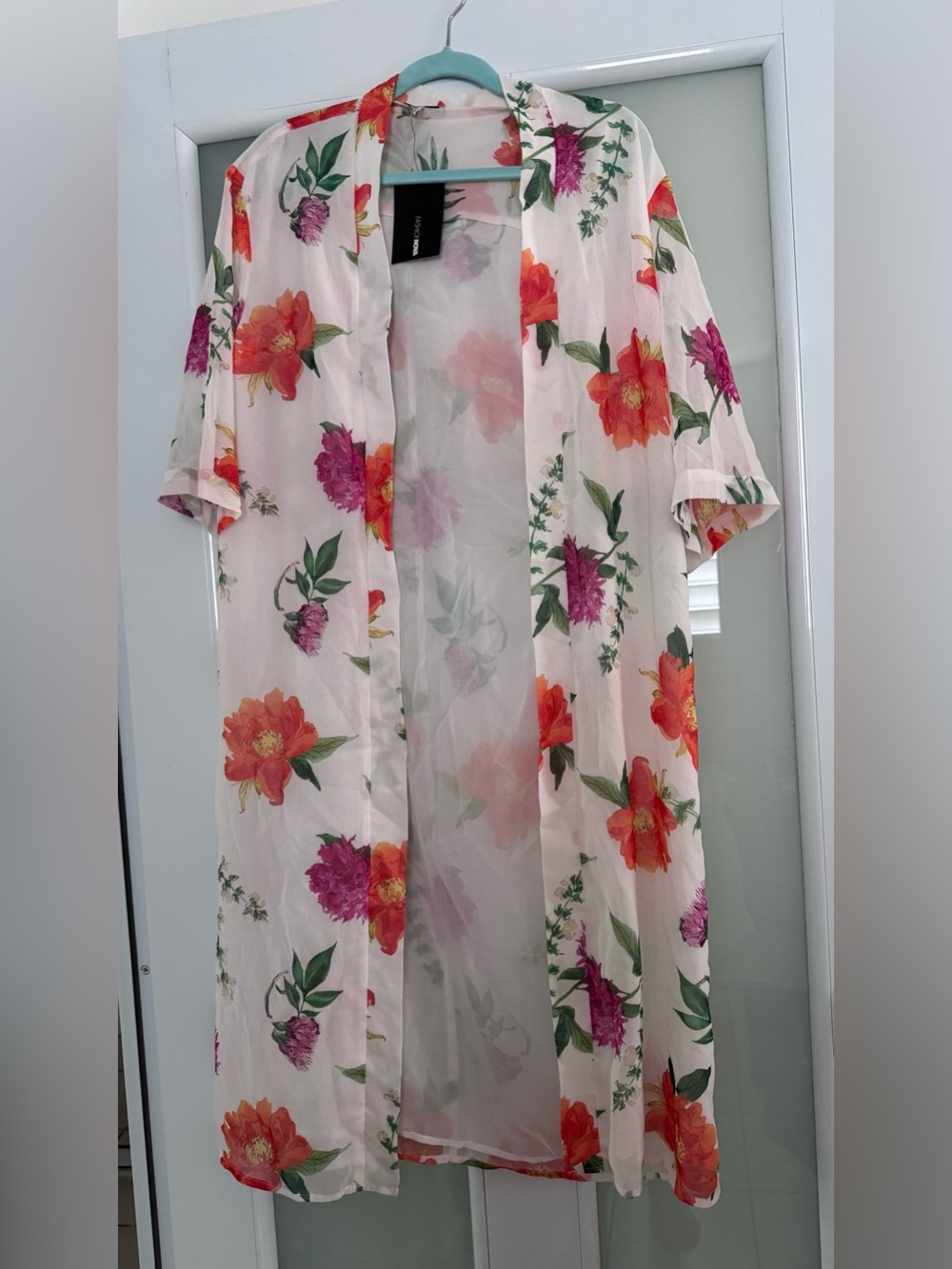 Fashion Nova Cream Sheer Floral Kimono with Orange & Green Accents